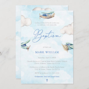 Watercolor Planes Sky Clouds Boy Baptism Party Invitation