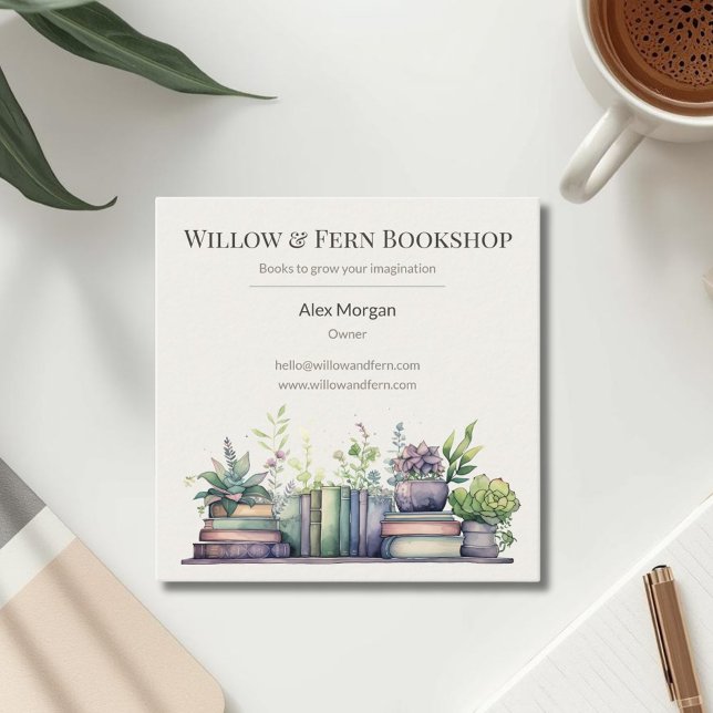 Watercolor Plant and Book Design Square Business Card (Creator Uploaded)