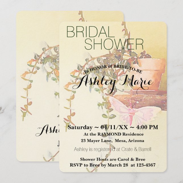 Watercolor Plant and Butterfly Bridal Shower Invitation (Front/Back)