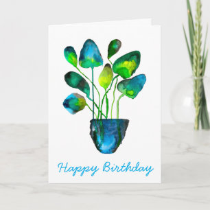 Watercolor plant art green and blue abstract card