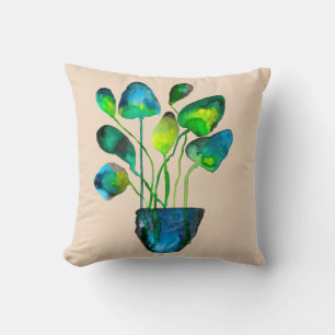 Watercolor plant art green and blue abstract cushion
