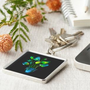 Watercolor plant art green and blue abstract key ring