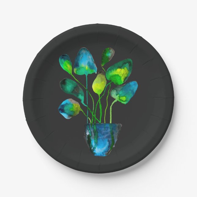 Watercolor plant art green and blue abstract paper plate (Front)
