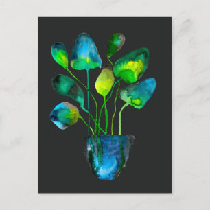Watercolor plant art green and blue abstract postcard