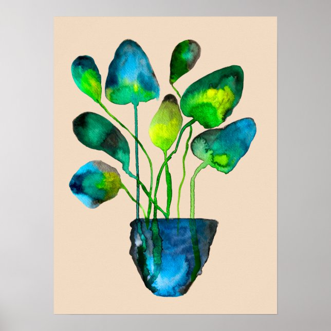 Watercolor plant art green and blue abstract poster (Front)