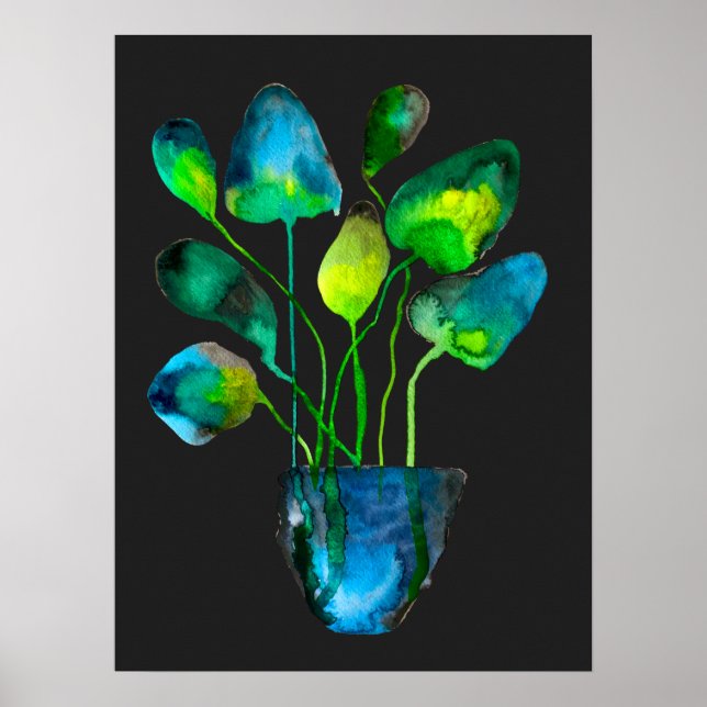 Watercolor plant art green and blue abstract poster (Front)