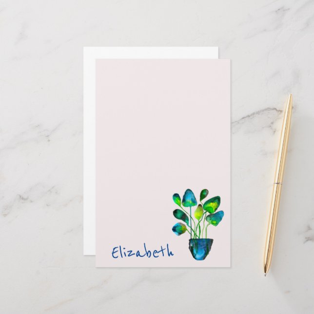 Watercolor plant art green and blue abstract stationery (Front/Back In Situ)