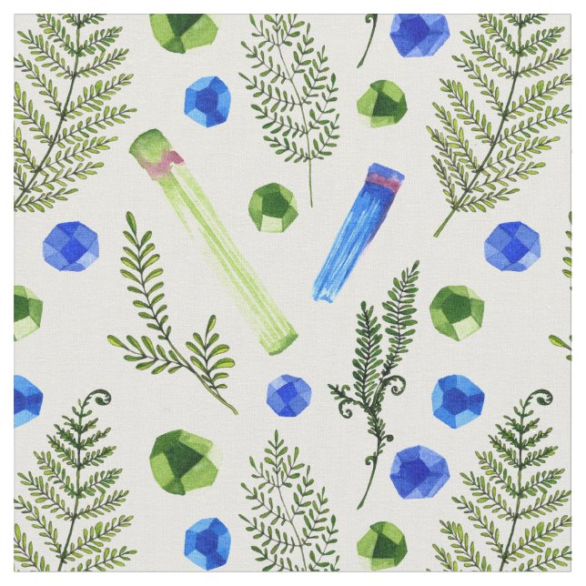 Watercolor Plant Crystal Stone Pattern Fabric (Close Up)