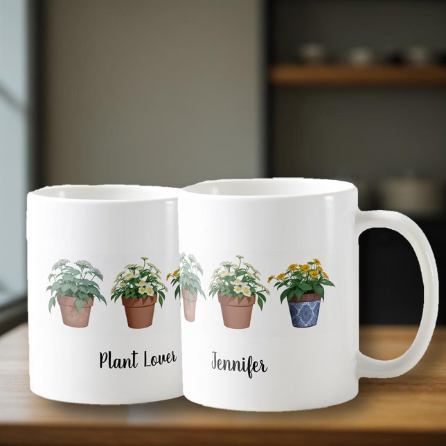 Watercolor plants flowers monogrammed plant lover coffee mug (Plant Lover, garden lover, crazy plant lady monogrammed mug.)