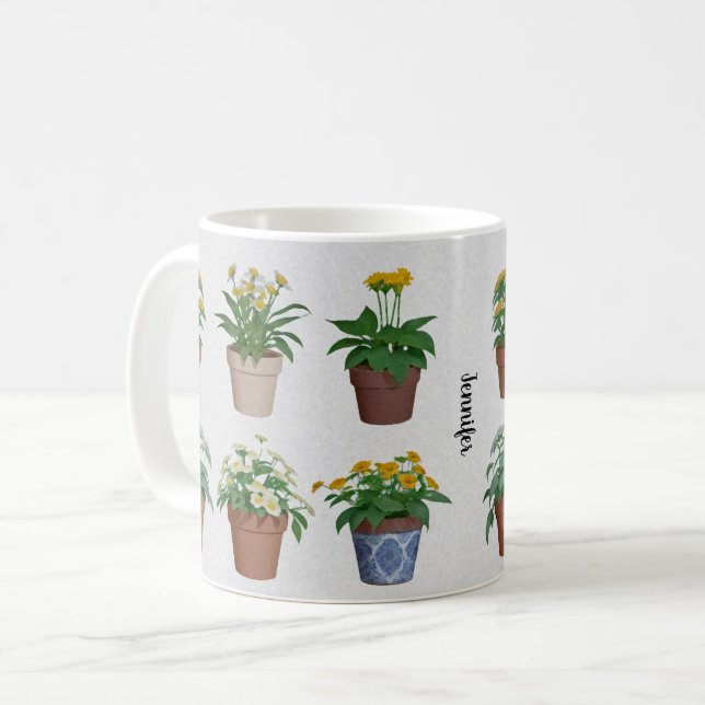 Watercolor plants flowers monogrammed plant lover coffee mug (Front Left)