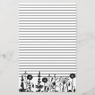 Watercolor Plants Wildflowers Black Lined Stationery
