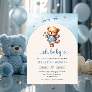 Watercolor playful teddy bear with bottle arch invitation
