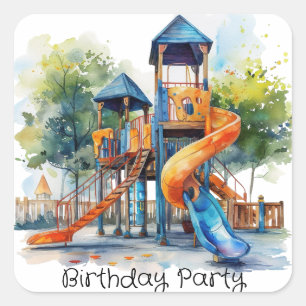 Watercolor Playground Park Kid's Birthday Party Square Sticker