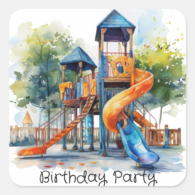Watercolor Playground Park Kid's Birthday Party Square Sticker (Front)