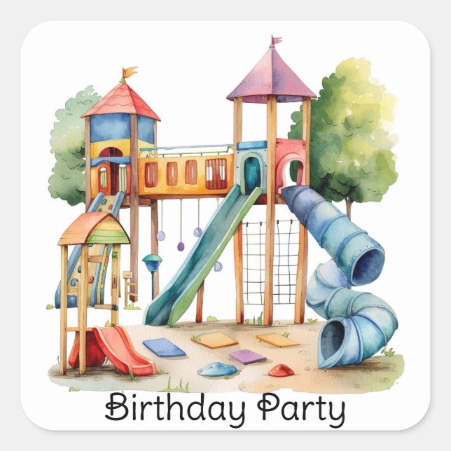 Watercolor Playground Park Kid's Birthday Party Square Sticker (Front)
