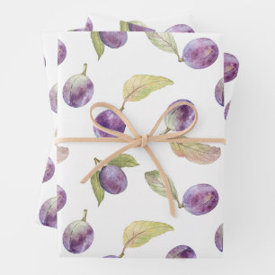 Watercolor Plum Fruit with Leaves White Wrapping Paper Sheet