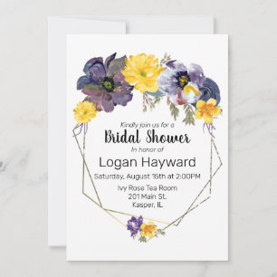 Watercolor Plum Grey Yellow Floral Gold Frame Invitation