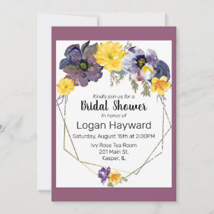 Watercolor Plum Grey Yellow Floral Gold Frame Invitation