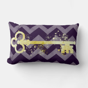 Watercolor Plum Purple & Gold Ornate Key Chevrons Lumbar Cushion
