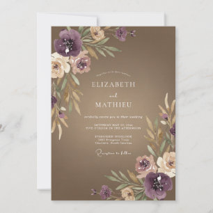 Watercolor Plum Taupe Wildflower Wedding Invitation