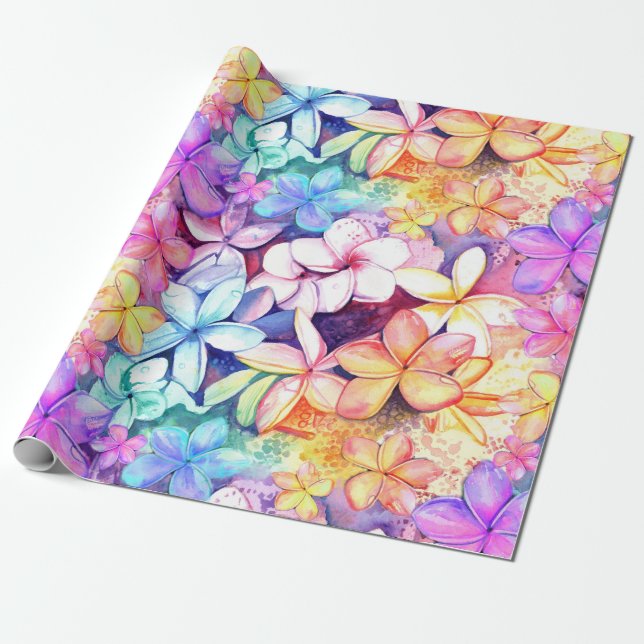 Watercolor Plumeria Flowers Wrapping Paper (Unrolled)