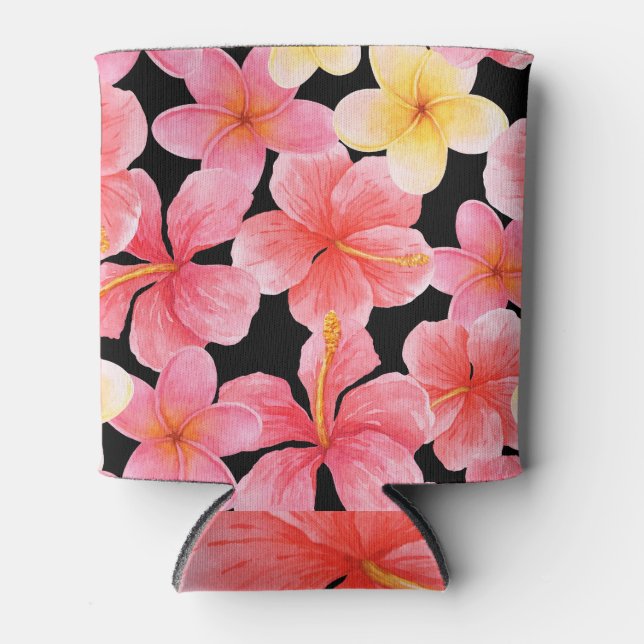 Watercolor Plumeria Hibiscus Flowers Pattern Can Cooler (Front)