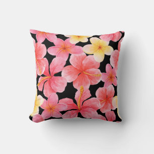 Watercolor Plumeria Hibiscus Flowers Pattern Cushion