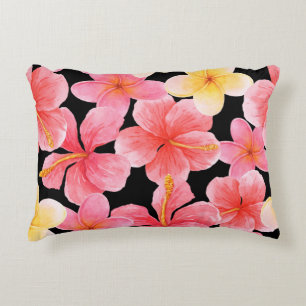 Watercolor Plumeria Hibiscus Flowers Pattern Decorative Cushion