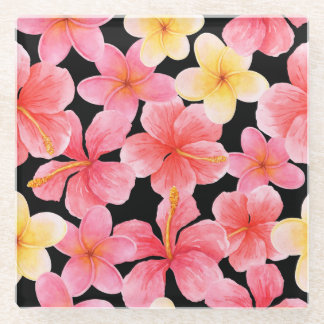 Watercolor Plumeria Hibiscus Flowers Pattern Glass Coaster