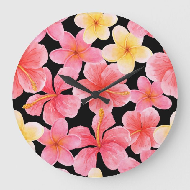 Watercolor Plumeria Hibiscus Flowers Pattern Large Clock (Front)