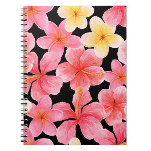 Watercolor Plumeria Hibiscus Flowers Pattern Notebook