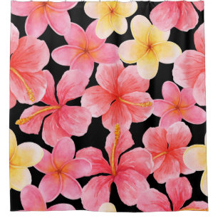 Watercolor Plumeria Hibiscus Flowers Pattern Shower Curtain