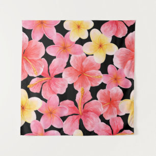 Watercolor Plumeria Hibiscus Flowers Pattern Tapestry