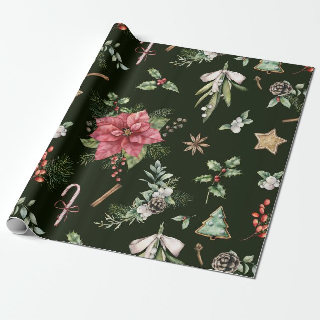Watercolor Poinsetta Christmas Pattern Wrapping Paper (Unrolled)