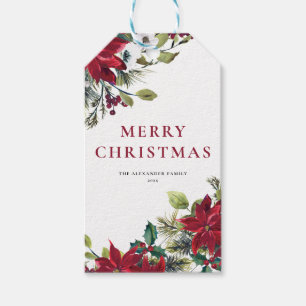 Watercolor Poinsettia and Fir Leaves Christmas Gift Tags