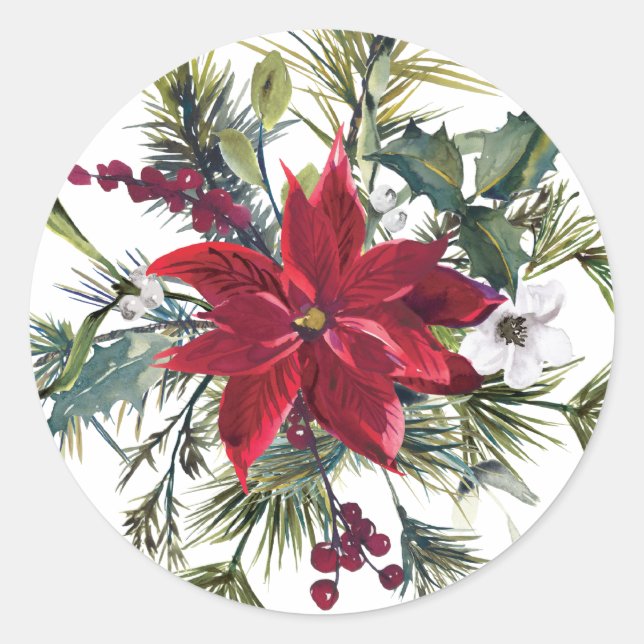 Watercolor Poinsettia and Fir Leaves Holiday Classic Round Sticker (Front)