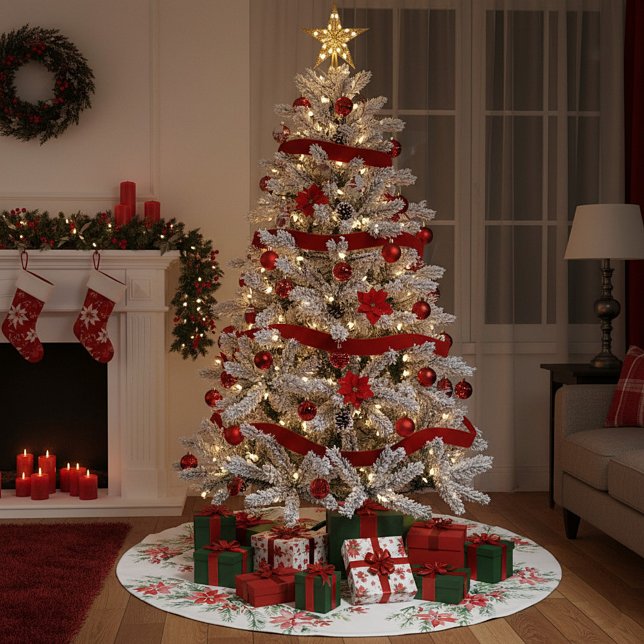 Watercolor poinsettia and greenery  brushed polyester tree skirt (Creator Uploaded)