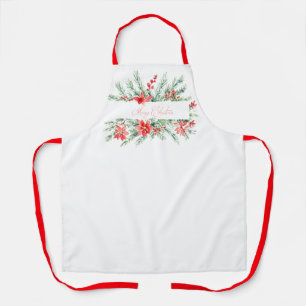 Watercolor poinsettia and greenery Christmas Apron