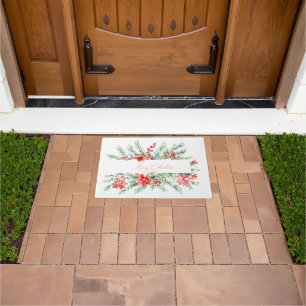 Watercolor poinsettia and greenery Christmas Doormat