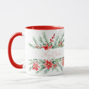Watercolor poinsettia and greenery Christmas Mug