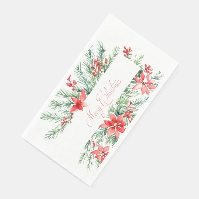 Watercolor poinsettia and greenery Christmas Napkin (Corner)