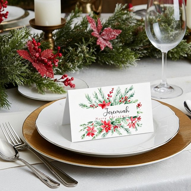 Watercolor poinsettia and greenery Christmas Place Card (Creator Uploaded)