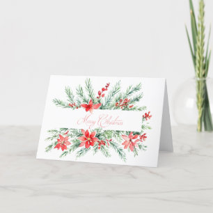 Watercolor poinsettia and greenery  holiday card