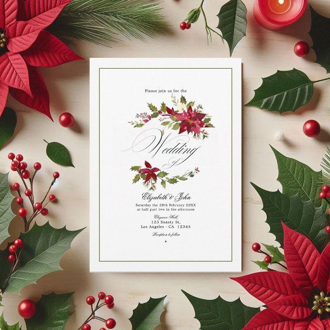 Watercolor Poinsettia and Holly Christmas Wedding  Invitation (Watercolor Poinsettia and Holly Christmas Wedding Invitation)