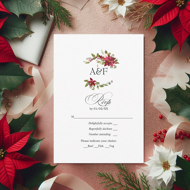 Watercolor Poinsettia and Holly Christmas Wedding RSVP Card (Watercolor Poinsettia and Holly Christmas Wedding RSVP Card)