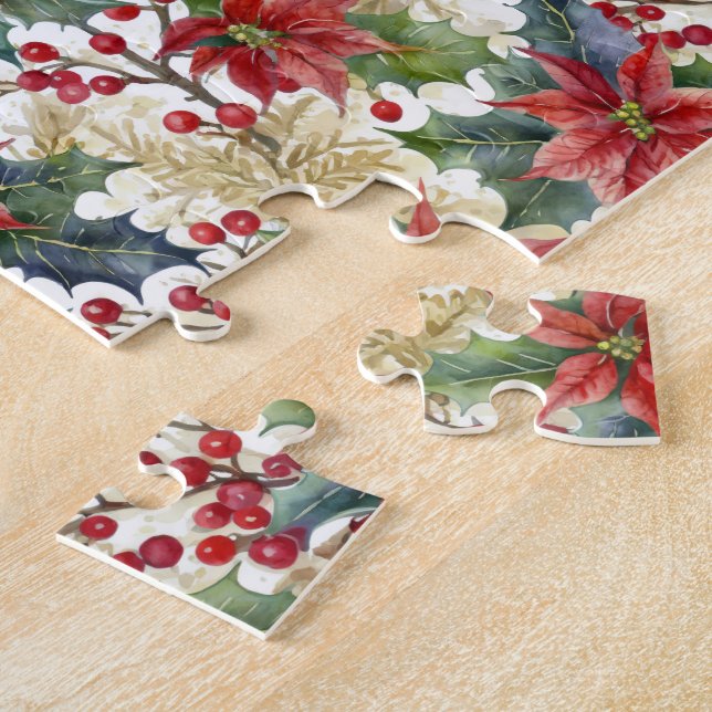 Watercolor poinsettia and holly pattern Christmas Jigsaw Puzzle (Side)