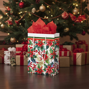 Watercolor poinsettia and holly pattern Christmas Medium Gift Bag