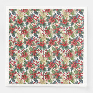 Watercolor poinsettia and holly pattern Christmas Napkin