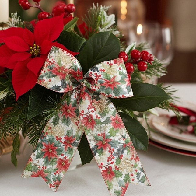Watercolor poinsettia and holly pattern Christmas Satin Ribbon (Creator Uploaded)