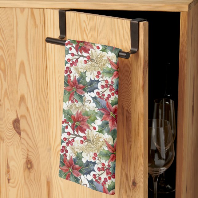 Watercolor poinsettia and holly pattern Christmas Tea Towel (Thirds Fold)
